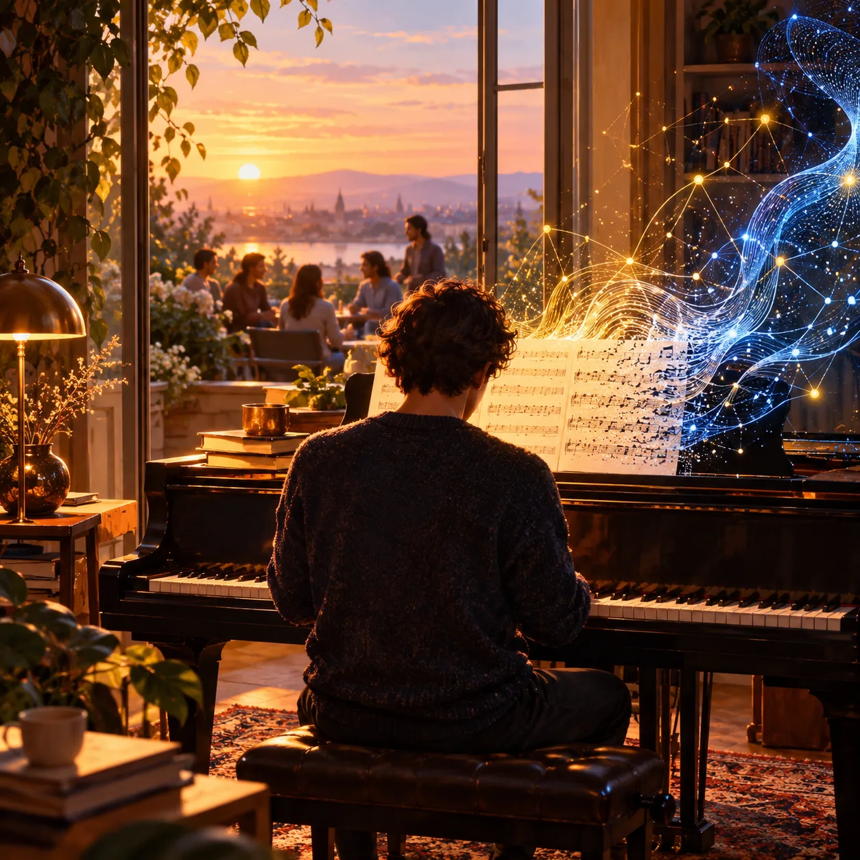 Une personne compose au piano tandis que la musique rencontre des motifs évoquant l’IA, face à une scène de vie partagée